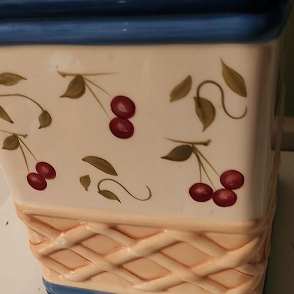 Cherry Pattern Ceramic Canister with Blue Accents - Picture 5 of 11